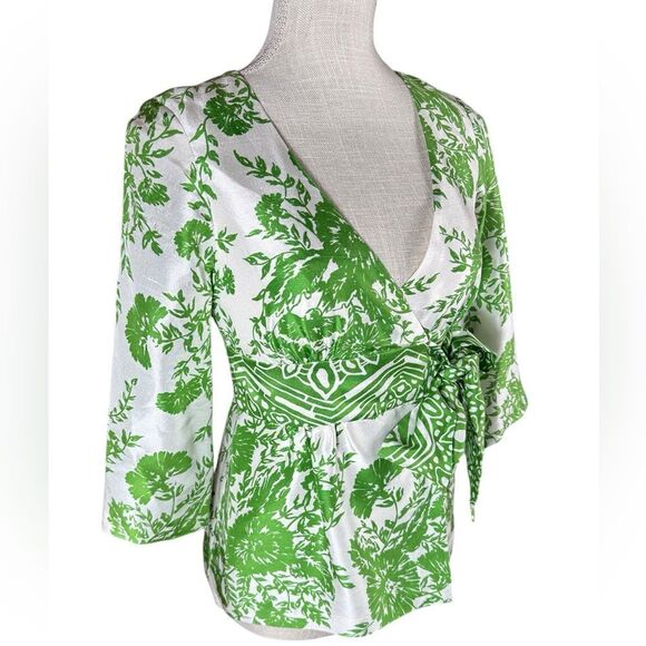 Tibi New York Green & White Silk Floral Print Wrap Style Blouse - Picture 7 of 14